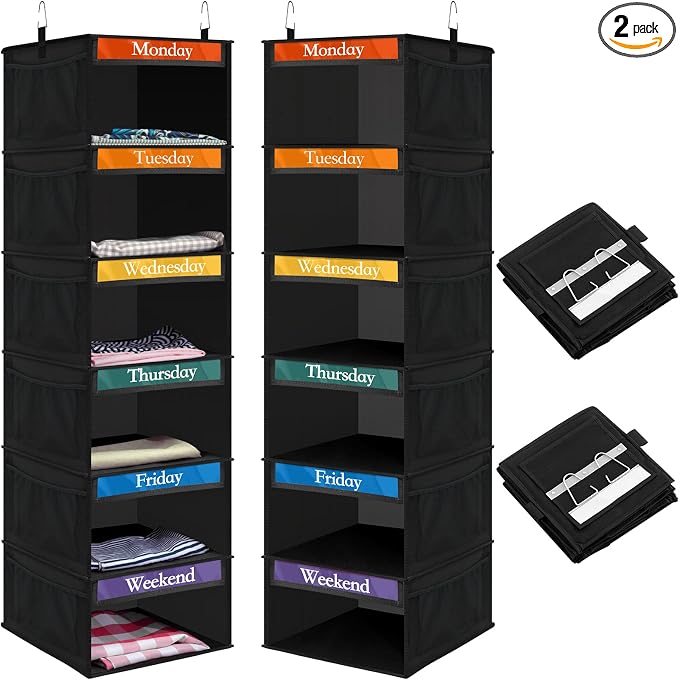 2 Pcs 6 Shelf Hanging Weekly Clothes Organizer for Kid,Black | Closet Organization, Hanging Closet Shelves with Side Pockets, Labeled Shelves with Days of The Week Monday Through Weekend by Amylove
