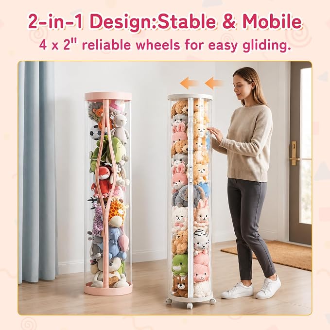Large Stuffed Animal Storage Tube with Wheels, Tall Toy Organizer with Double Zipper, Clear PET Cylinder Container for Plush Toy Organization, Space Saving Kids Room Storage(White) - Image 3