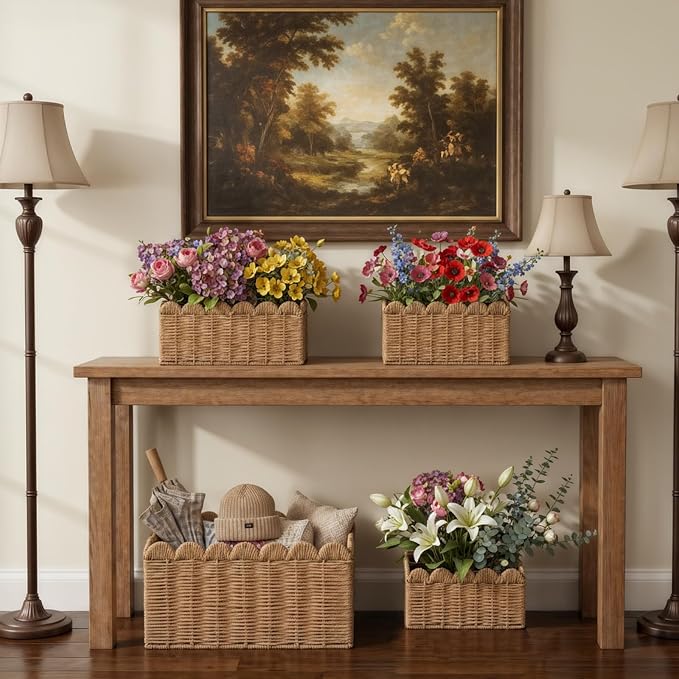 3 Pcs Wicker Baskets for Organizing,Scalloped Baskets, Hand-woven Wicker Storage Cubes, Paper Rope Shelf Baskets for Organizing and Decoration,Brown Basket - Image 7