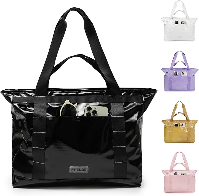 FHELAD Extra Large Glossy Tote Bag for Women, Beach Shoulder Bag 25L | Waterproof Sandproof, 15.6" Laptop Compartment, Luggage Strap, Work, Travel by FHELAD