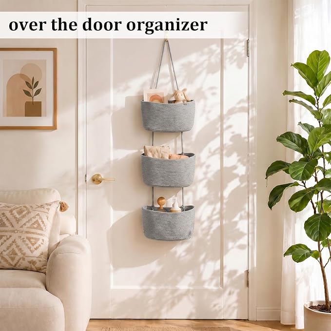 TeoKJ Over the Door Hanging Basket, 3-Tier Woven Cotton Wall-Mounted Storage Organizer Bag Decorative Hanging Nursery Baskets, Gray - Image 2