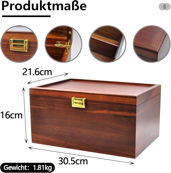Large Wooden Storage Box with Hinged Lid, Acacia Wood Keepsake Chest | Vintage, 12" x 8.5" x 6.3", with Adjustable Tray, for Storing Souvenirs, Jewelry, Tools, Small Accessories, etc - Image 2