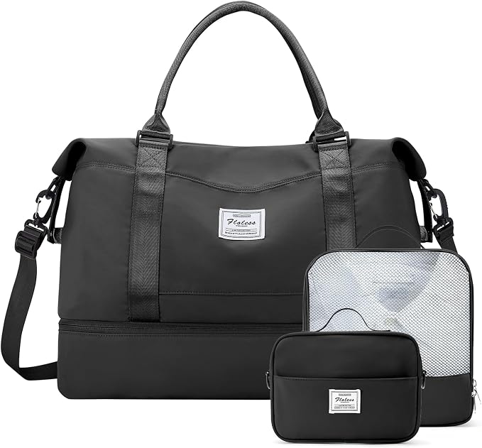 Weekender Bags for Women,Travel Duffle Overnight Bag with Shoe Compartment,Personal Item Carry On Bag,3 Pcs Set,Medium(Black) by SYCNB