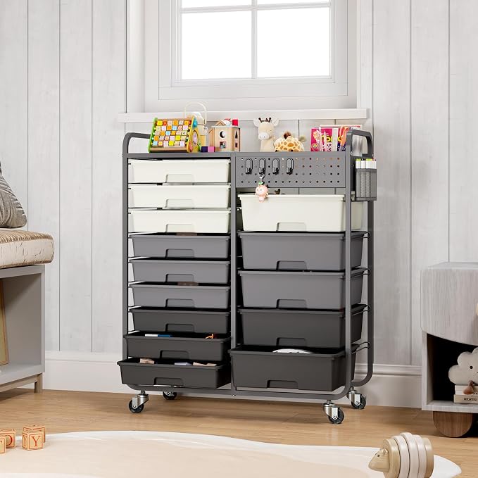 14 Drawer Rolling Storage Cart with Tabletop and Pegboard for Crafts Grey | Easy Setup, Large Capacity, Sturdy Build, Smooth Mobility, For classroom, office and dorm supplies - Image 2