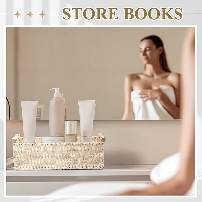 Boao 3 Pcs Boho Storage Wicker Baskets Handmade Woven Decorative Paper Rope Baskets for Organizing with Handle Countertop Toilet Paper Storage Container for Toilet Tank Top (Beige,Rectangle) - Image 8