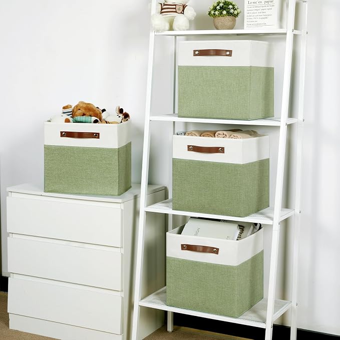 Temary 12 Inch Fabric Storage Cubes Storage Bins with Leather Handles, 4 Pack Cube Baskets Bins for Organizing Closet, Foldable Cloth Baskets for Shelves (White&Green) - Image 5