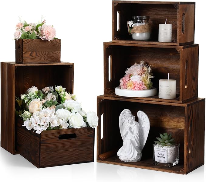 AceOrbit Set of 6 Rustic Wood Crates, Nesting Storage Boxes,Classic Brown | Distressed Wooden Containers with Cutout Handles, Vintage Farmhouse Wedding Party Decor, Decorative Baskets for Supplies by Unknown