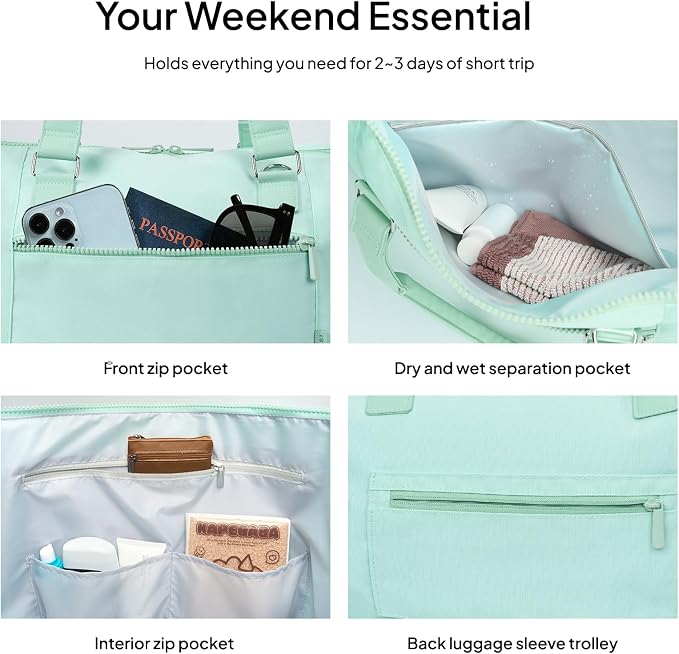 Travel Duffle Bag for Women, 40L Weekender Bags Airline Approved Carry On with Shoe Compartment & Waterproof Wet Pocket, Durable Nylon Weekender Overnight Bag for Travel, Gym, Business Trip, Green - Image 5