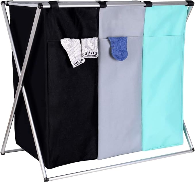 135L Laundry Cloth Hamper Sorter Basket Bin Foldable 3 Sections with Aluminum Frame 26''×24''H Washing Storage Dirty Clothes Bag for Bathroom Bedroom Home Storage basket (3 Liner, Green+grey+black) - Image 5