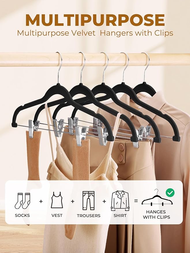 HOUSE DAY Velvet Skirt Hangers 48 Pack, Black Hanger with Adjustable Clips | Space Saving Slim Felt Pant Hanger, Heavy Duty Shorts Hanger, Non Slip Clip Hangars for Pants, Skirts, Shorts, Outfit - Image 2