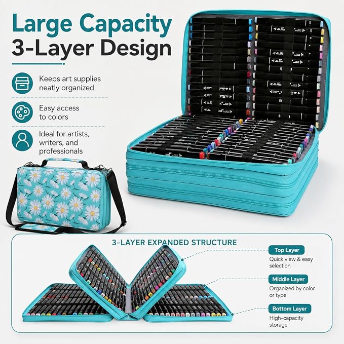 168-Slot Marker Organizer Bag, 3-Layer Case with Strap | 168-slot 3-layer marker bag in twill Oxford fabric with handle, detachable strap, smooth zipper for studio and outdoor use. - Image 3