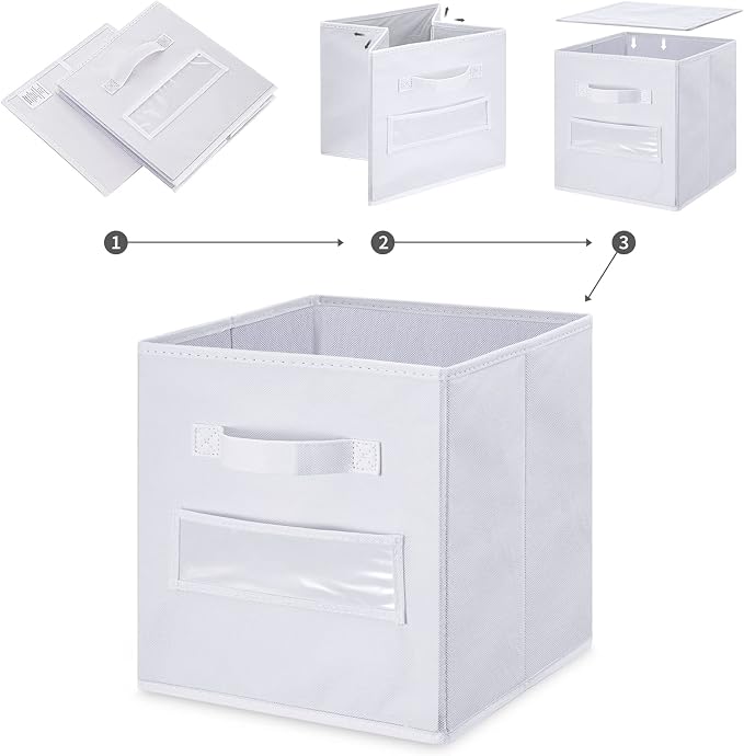 Fabric storage cubes (Set of 10) 11 Inch Cube Storage Bin, cube storage with 8 Labels Window Cards & a Pen, Foldable cube organizer bins, 11x11 storage bin, Cubby Organizer bins, White - Image 4