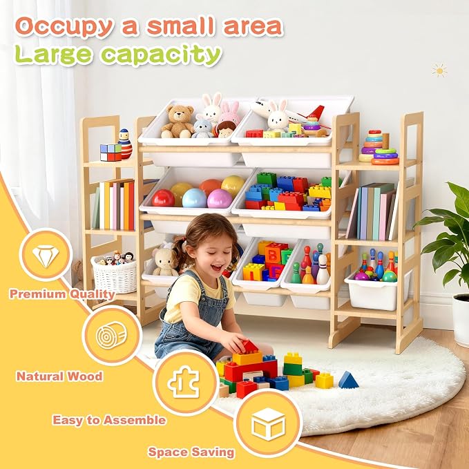 Fuilee Wooden Toy Storage Organizer for Kids, Multi-Tier Toy Organizer with Bins & Side Montessori Bookshelves, Sturdy Natural Wood Playroom Storage Solution for Toys, Books, Games - Image 6