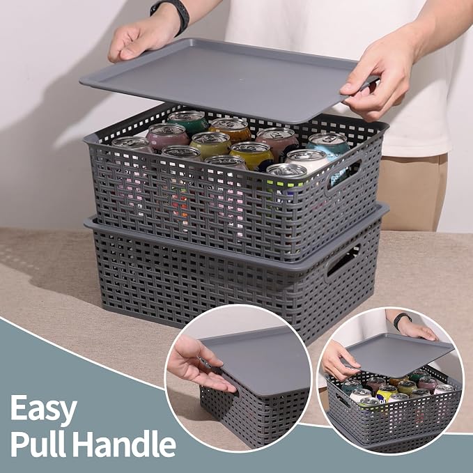 6 Pack Plastic Storage Bins with Lids, Stackable Storage Baskets with Handles, Plastic Organizer Container Bins for Desk,Shelves,Office, Pantry Organizers and Storage, Grey - Image 5