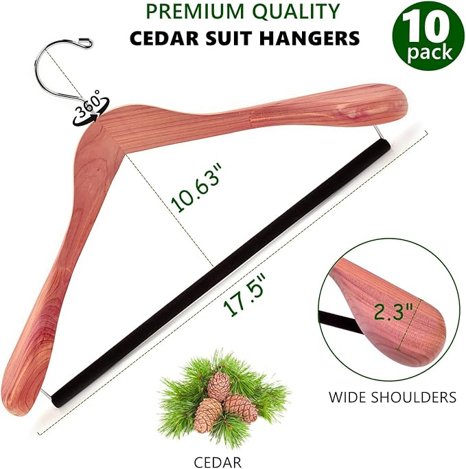 Amber Home 10 Pack Cedar Wood Suit Coat Hangers with Extra Wide Shoulder | Wooden Clothes Hangers with Non-Slip Velvet Pant Bar, Natural Cedar Hangers for Coats & Jackets - Image 2