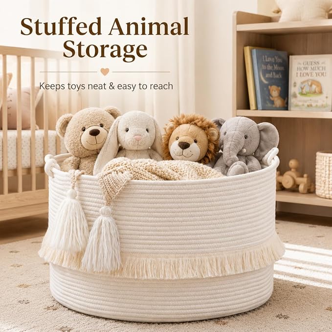 KAKAMAY Large Blanket Basket (20"x13"),Woven Baskets for storage Baby Laundry Hamper, Cotton Rope Blanket Basket for Living Room, Laundry, Nursery, Pillows, Baby Toy chest (White) | Extra Large Capacity,Blanket Storage | Laundry Basket | Natural Cotton... - Image 4