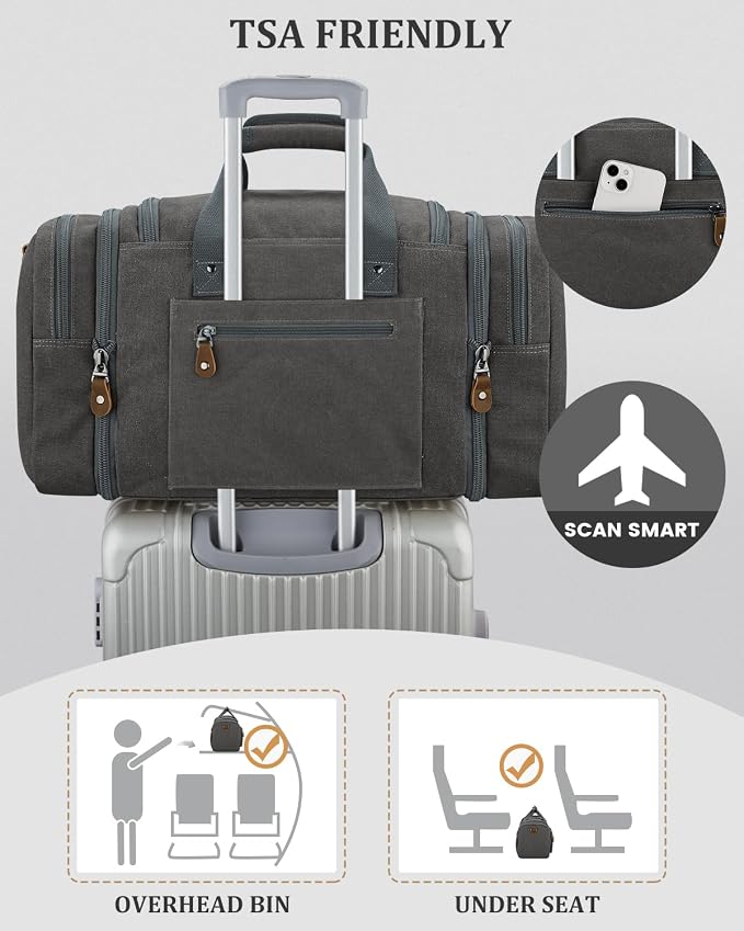 Gonex Duffle Bag for Travel, Expandable 60L Overnight Weekender Gym Bag | Water-Resistant Canvas, Wet-Dry Pocket, Luggage Sleeve, Carry-On Size, Detachable Strap, Grey - Image 5