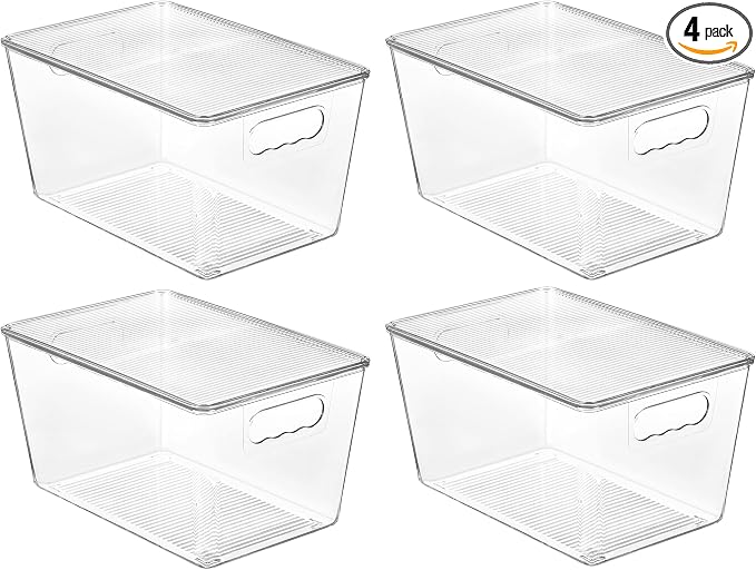 Vtopmart 4 Pack Clear Stackable Storage Bins with Lids and Handles, Large | BPA-free Plastic, Organize Vertically, For Pantry Kitchen Fridge Cabinet Closet Bathroom, Built to Last, Easy to Move by Vtopmart