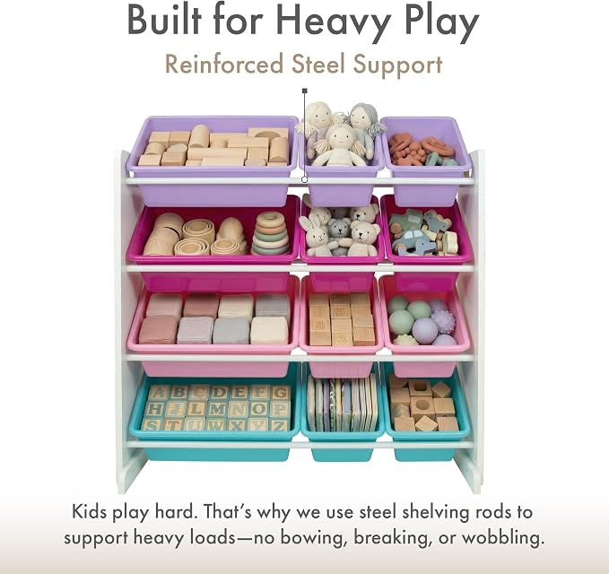 Humble Crew Kids Toy Organizer with 12 Bins, 4 Tier Storage for Playroom | Sturdy wood and steel toddler shelf, removable BPA-free containers, wall anchor anti-tip safety kit for bedroom or classroom - Image 4