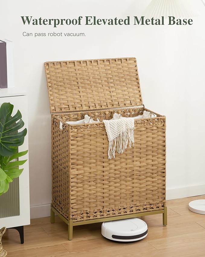 SETVSON Laundry Hamper with Lid, 35 Gal 3-Bag Clothes Sorter, Natural | Large Family Laundry Trunk with Lid, 3 Compartment Sorting Liner, 6 Wash Bags, Elevated PE Rattan Bin with Handles - Image 2