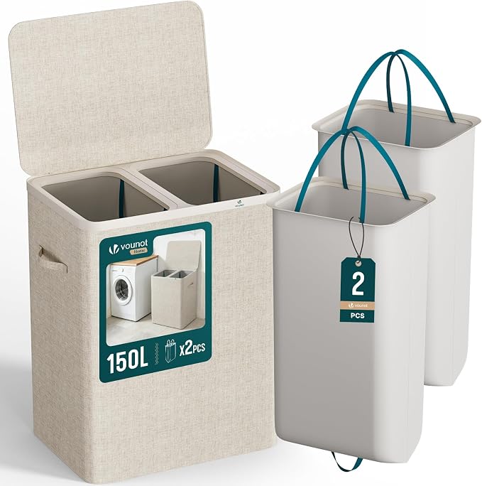 VOUNOT® 150L Laundry Basket with Lid, Rectangular 2 Compartment Laundry Hamper with Removable Bags & Handles, Foldable Laundry Bin for Bedroom, Bathroom, Utility Room, Beige by VOUNOT