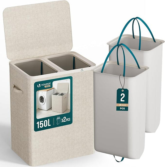 VOUNOT® 150L Laundry Basket with Lid, Rectangular 2 Compartment Laundry Hamper with Removable Bags & Handles, Foldable Laundry Bin for Bedroom, Bathroom, Utility Room, Beige by VOUNOT