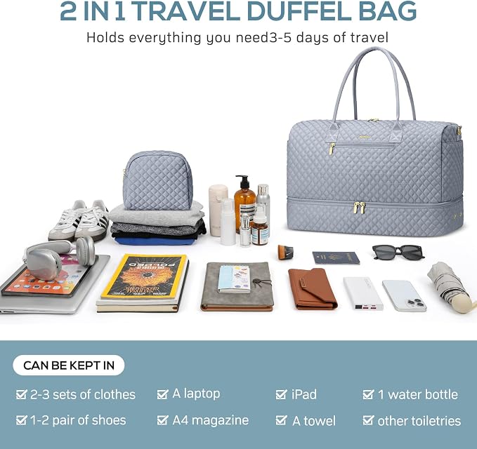 Travel Bag Weekender Bags for Women - Carry on Overnight Bag with Shoe Compartment Duffle Bag with Laptop Pocket Hospital Bag Grey - Image 4
