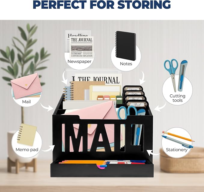 Mail Organizer Countertop, Desktop Mail Sorter with Drawer & Label Tags, BK | Bills, Letters, Envelopes & Receipts - Image 2