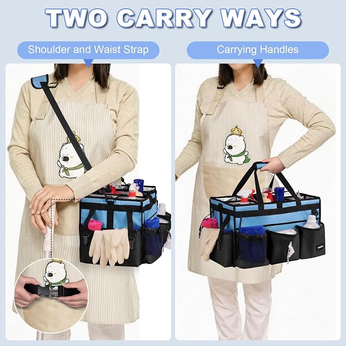 Extra-Large Cleaning Caddy Organizer,Cleaning Caddy for Cleaning Supplies | 18.11" x 11.02" x 11.02" Wearable with Handle,Adjustable Shoulder Strap,Waist Belt,Light Blue - Image 4