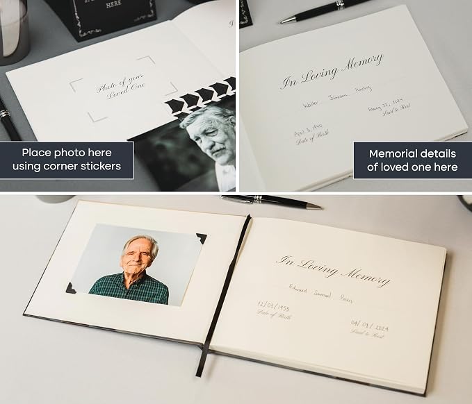 Candle Hardcover Funeral Guest Book - 9.5 x 7 Celebration of Life Guestbook for Memorial Service with 5x7 Paper Sign, Pen, Black Photo Corner Stickers - Image 5