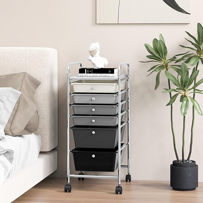 GOFLAME 6-Drawer Rolling Storage Cart, Multifunctional Art Craft Organizer Cart, Mobile Utility Storage Cart with Removable Drawers & Lockable Wheels, Craft Cart for Home Office, School, Gray Gradient - Image 9