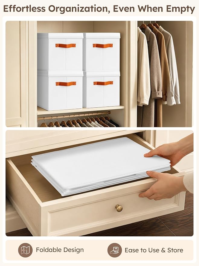 Storage Bins with Lids - Fabric Storage Baskets for Shelves, 6 Pack Foldable Decorative Boxes with Handles, Stackable Organizer Bins for Home, Nursery, Dorm, White - Image 5