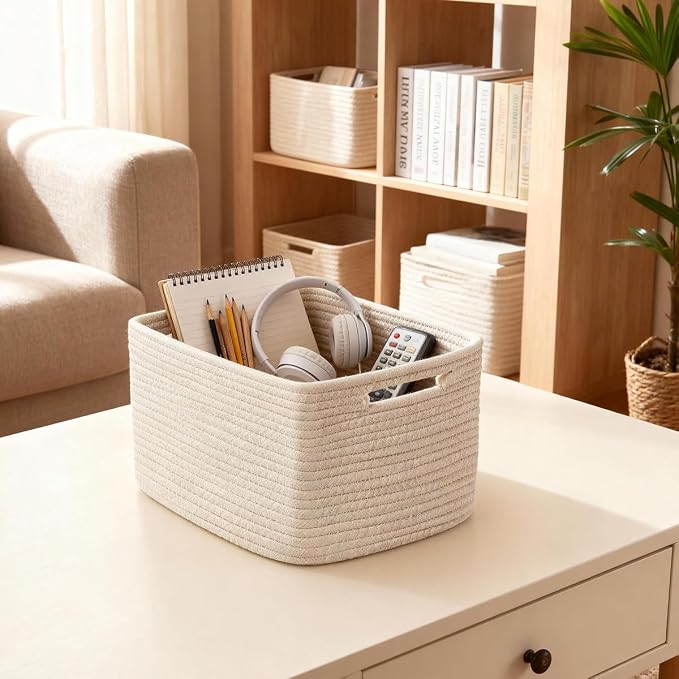 5 Pack Woven Storage Baskets, Decorative Storage Bins for Organizing | 13.8'' × 9.8'' × 7.9'', Soft Cotton Rope Basket Organizer for Closet, Shelves, bathroom, Nursery, Toys, Books, Pantry, White - Image 7