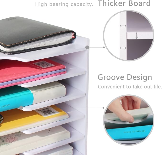 SONGWAY File Organizer for Desk - 7 Tier Wide Document Holder, Letter Mail Tray Storage Rack, A4 Paper Storage Holder, Desktop Organizer for Home Office School, White - Image 5