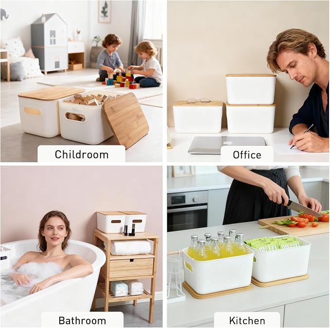 Citylife Storage Bins with Bamboo Lids 7QT Plastic Storage Containers Stackable Organizer Boxes with Handle for Desk Snacks, Toys, 4 PCS, 10" L x 7" W x 5.8" H - Image 8
