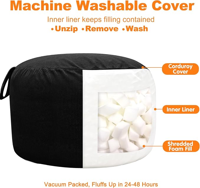 Lukeight Bean Bag Chair for Kids Teens Adults, Memory Foam Filled Floor Lounger, Washable Velvet Cover with Inner Liner, Beanbag Chair with Filling for Gaming and Reading, Black, X-Large 30"D x 18"H - Image 3