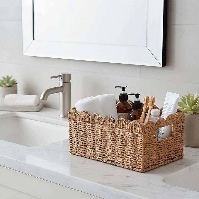 3 Pcs Scalloped Wicker Baskets, Hand-woven Storage Baskets with Built-in Handles, Paper Rope Shelf Baskets for Organizing and Decoration, Brown Basket - Image 7