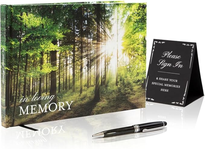 Forest Hardcover Funeral Guest Book - 9.5 x 7 Celebration of Life Guestbook for Memorial Service with 5x7 Paper Sign, Pen, Black Photo Corner Stickers by ModernAlbumDesigns