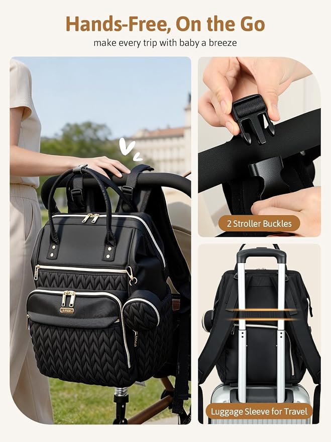 Lekesky Quilted Diaper Bag Backpack, Wide Opening Large Baby Bag for Mom | Black Travel Baby Diaper Backpack with Changing Pad, Insulated Pockets, Pacifier Case - Image 7