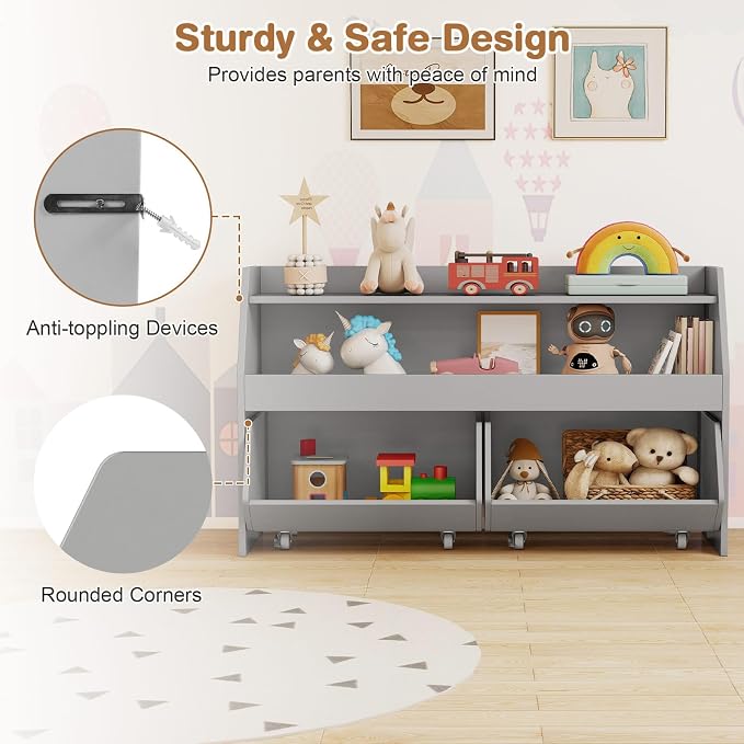 Costzon Toy Storage Organizer for Kids, Toy Cabinet w/ 2 Rolling Drawers, Lockable Wheels, Open Shelf & Anti-toppling Kit, Toddler Toy Shelf for Playroom, Kids’ Room, Nursery, Daycare (Grey) - Image 5