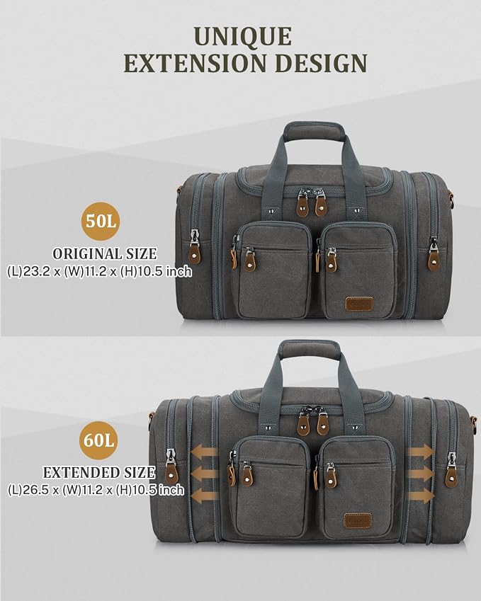 Gonex Duffle Bag for Travel, Expandable 60L Overnight Weekender Gym Bag | Water-Resistant Canvas, Wet-Dry Pocket, Luggage Sleeve, Carry-On Size, Detachable Strap, Grey - Image 3