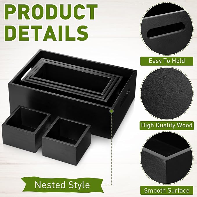 Set of 6 Wood Storage Boxes with Handles Wooden Nesting Crates Rustic Farmhouse Storage Container for DIY Crafts Party Home Table Decoration Display(Black) - Image 4