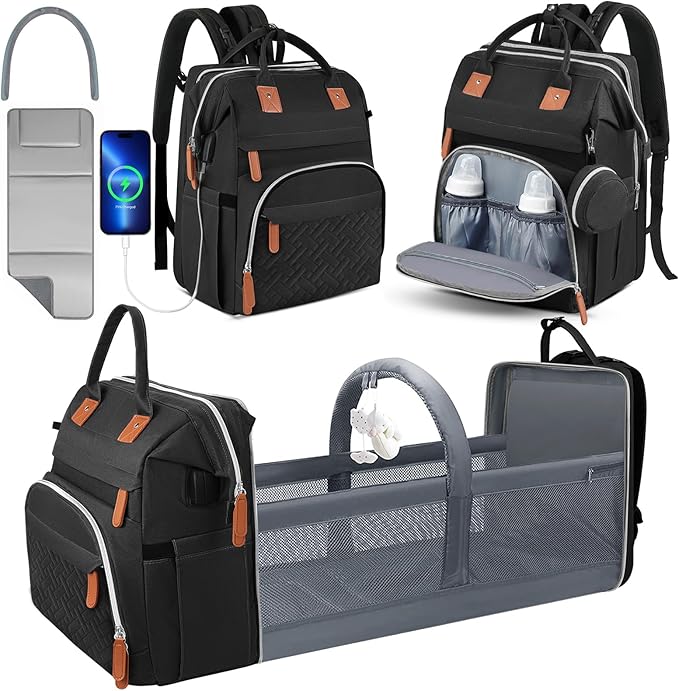 Diaper Bag Backpack for New Parents, Large Capacity Baby Travel Bag with Bottle Holders, Multiple Compartments (Black) by Wurzfolk