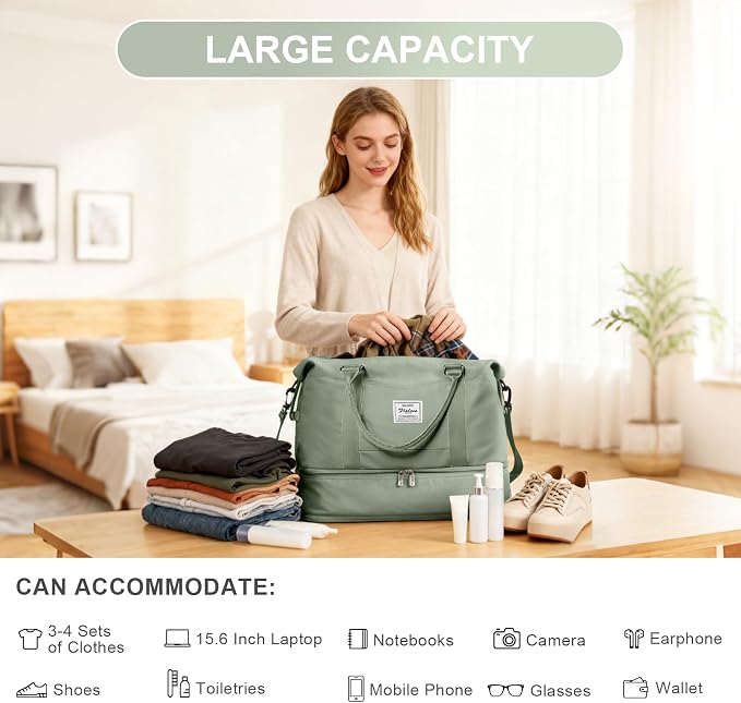 Travel Duffel Weekender Bag Women Tote Carry On Bags With Shoe Compartment | 18x14x8 inches Travel Overnight Bags with Trolley Sleeve for Airplanes Sport Tote Gym for Men Lightweight Daypack-BeigeGreen - Image 5