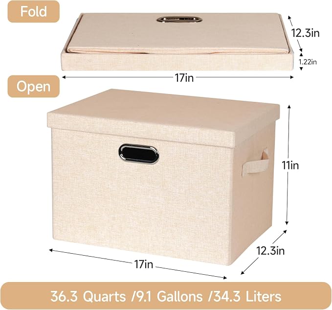 Storage Bins with Lids Fabric Closet Organizers Cubes Office Organization | 36 Quart 3 Pack Light Orange Collapsible Stackable Linen Fabric 4 Handles Bedroom Closet Cabinet Under Bed Clothes Toy Office - Image 2