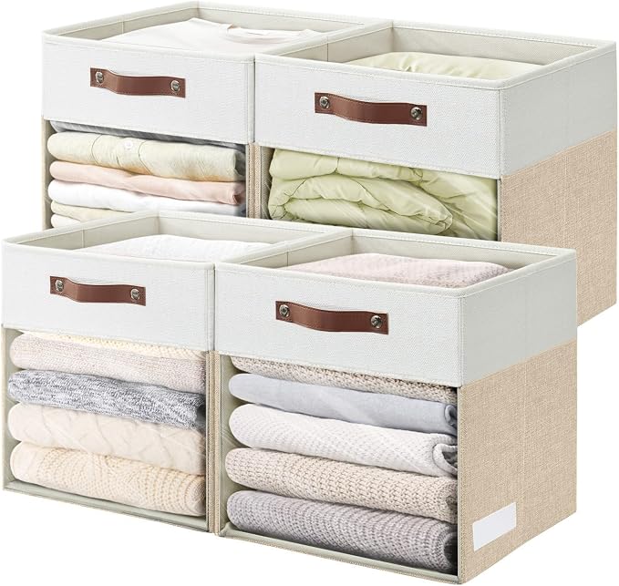 Storage Cubes, 4 Pack Linen Foldable Storage Bins with Clear Window and 2 Handles, 13x15x13 Storage Cube Bins for Shelf Closet, Kallax, Clothes, Books - (Beige / Off-White) by Bagnizer
