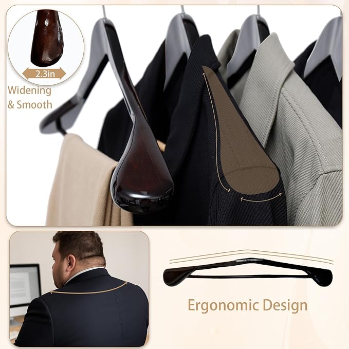 Urby 12pk 21 inch Wide Shoulder Wooden Hangers, Black Wood Color | For Plus Size Cloth, No Shoulder Bump Design, Non Slip Pants Bar, For XXL Suit, Jackets, Heavy Cloths, Easy-to-Install Hook - Image 6