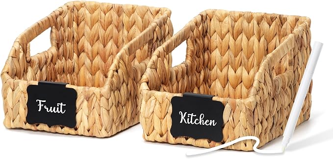 Wicker Baskets for Organizing, Pantry Baskets with Built-in Handles, Handwoven Wicker Storage Basket, Water Hyacinth Storage Bins for Shelves, Small - 2pcs, Natural by Unknown