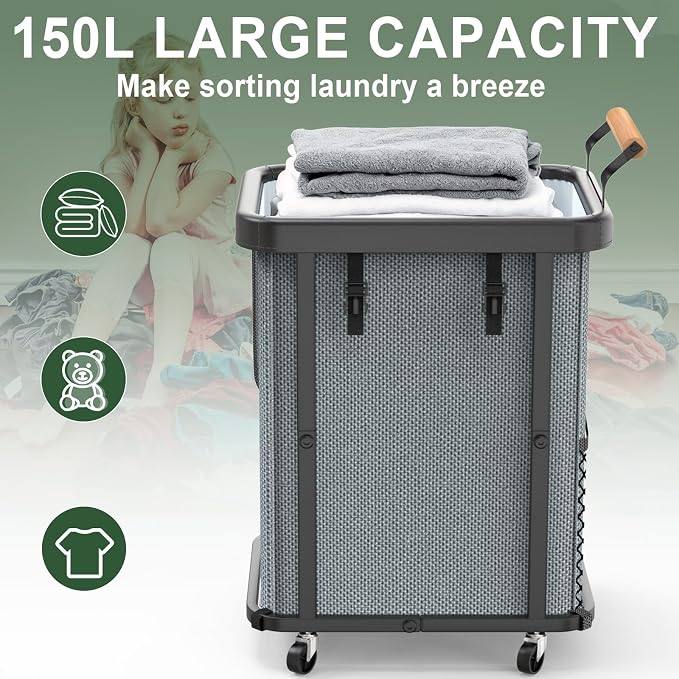 150L Laundry Basket with Wheels,Rolling Basket Hamper with Lid&Handle Gray | Laundry Organizer Storage Cart with Heavy Duty Sturdy Metal Frame for Home, Hotel, Laundry Room - Image 2
