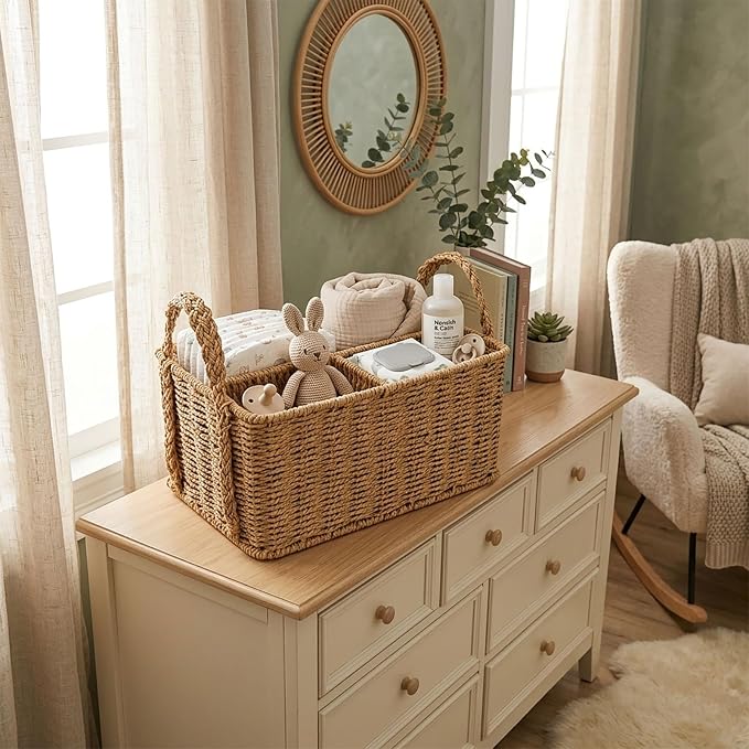 Diaper Caddy Organizer, Paper Rope Storage Baskets Nursery Bin with Removable Divider, Portable Car Organizer for Diapers, Baby Shower Gifts, Newborn Essentials Must Haves - Image 4